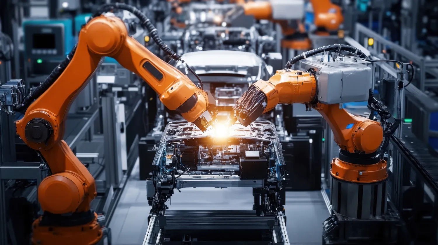 Pötschke Elektro - Elektrofachunternehmen - Eine robotergestützte Produktionslinie montiert Automobilteile in einer modernen Fabrik.