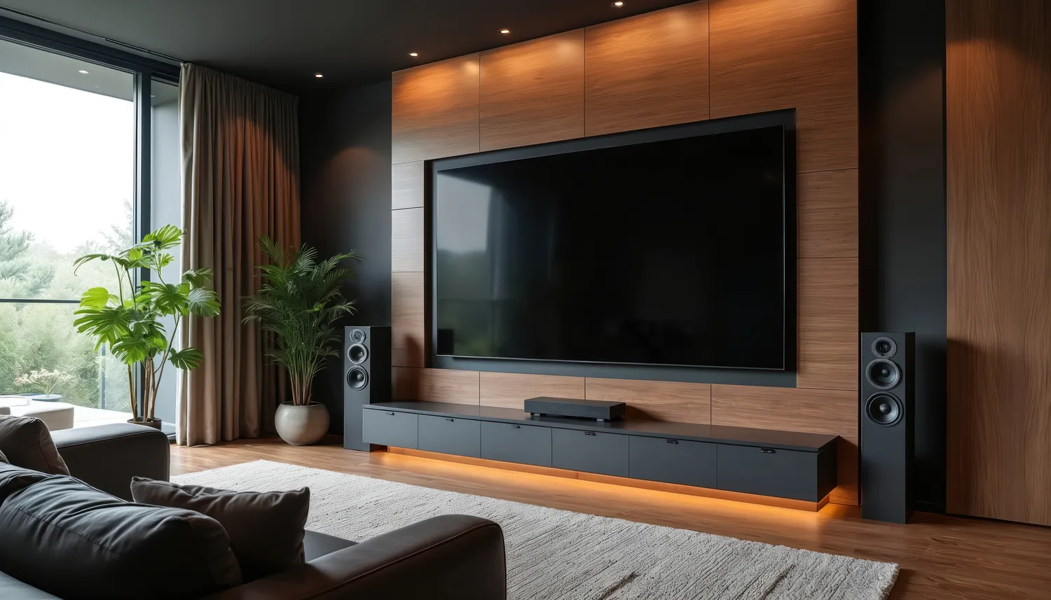 Pötschke Elektro - Elektrofachunternehmen - Modernes Wohnzimmer mit Heimkinoanlage. Großer Fernseher an einer Holzvertäfelung. Soundbar und Lautsprecher sorgen für beste Unterhaltung. Ledersofa und Pflanzen schmücken den Raum. Natürliches Licht fällt durchs Fenster.