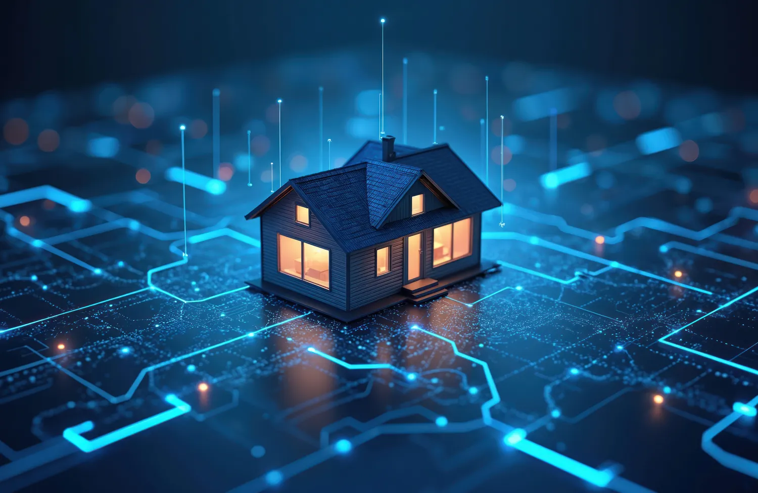Pötschke Elektro - Elektrofachunternehmen - Kleines Haus auf einer digitalen Platine mit leuchtenden Neonlinien. Futuristisches Haus, das an ein Datennetzwerk angeschlossen ist. Intelligentes Gebäudekonzept mit leuchtenden Lichtern.