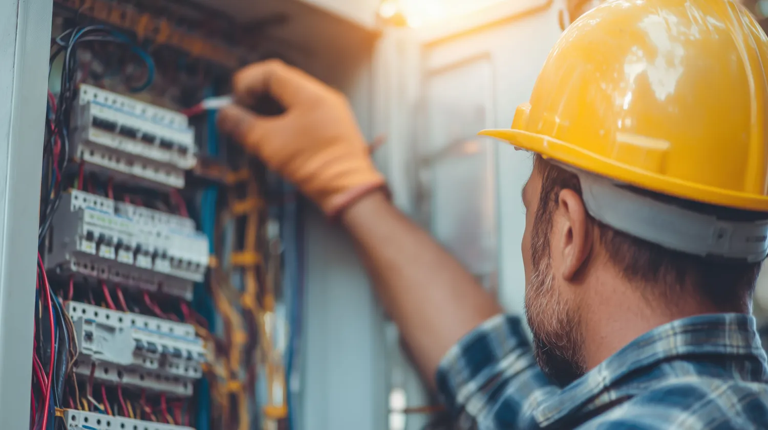 Pötschke Elektro - Elektrofachunternehmen - Ein Elektriker mit gelbem Schutzhelm arbeitet an einem Sicherungskasten.