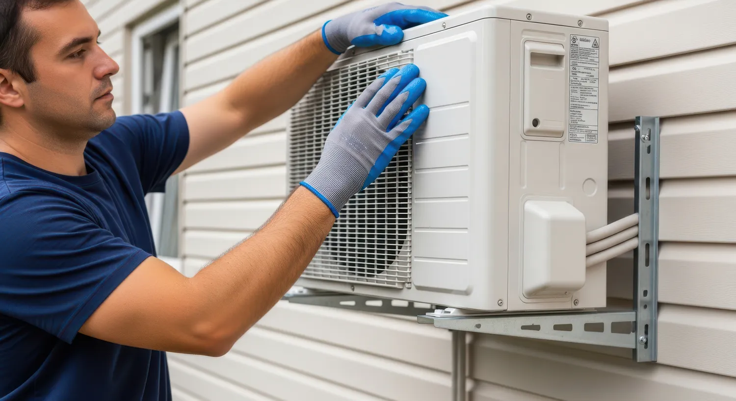 Pötschke Elektro - Elektrofachunternehmen - Ein Mann in blauem Hemd und Handschuhen montiert eine Klimaanlage an der Seite eines Hauses.