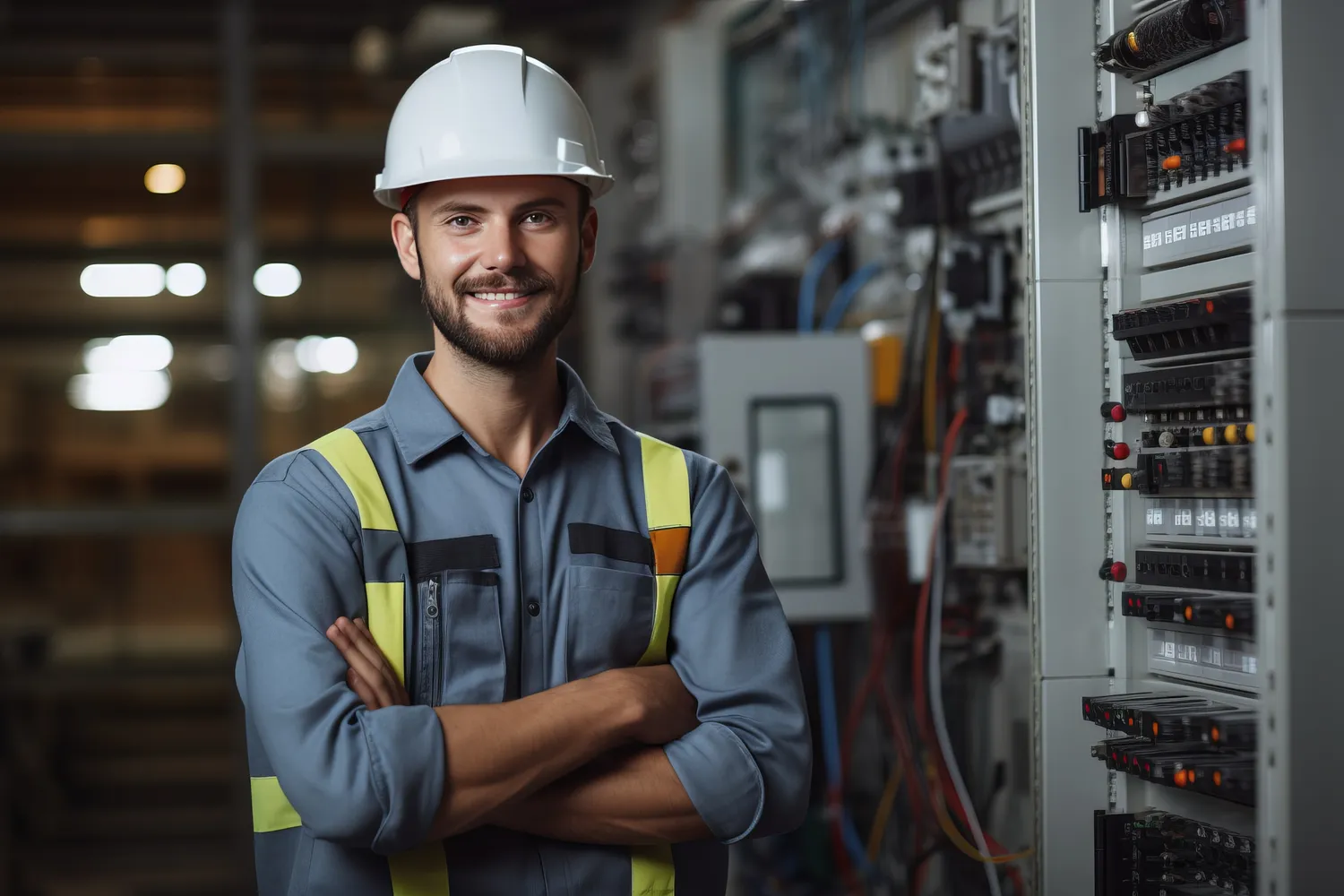 Pötschke Elektro - Elektrofachunternehmen - Professioneller Elektriker prüft Schaltschrank in Industrieumgebung